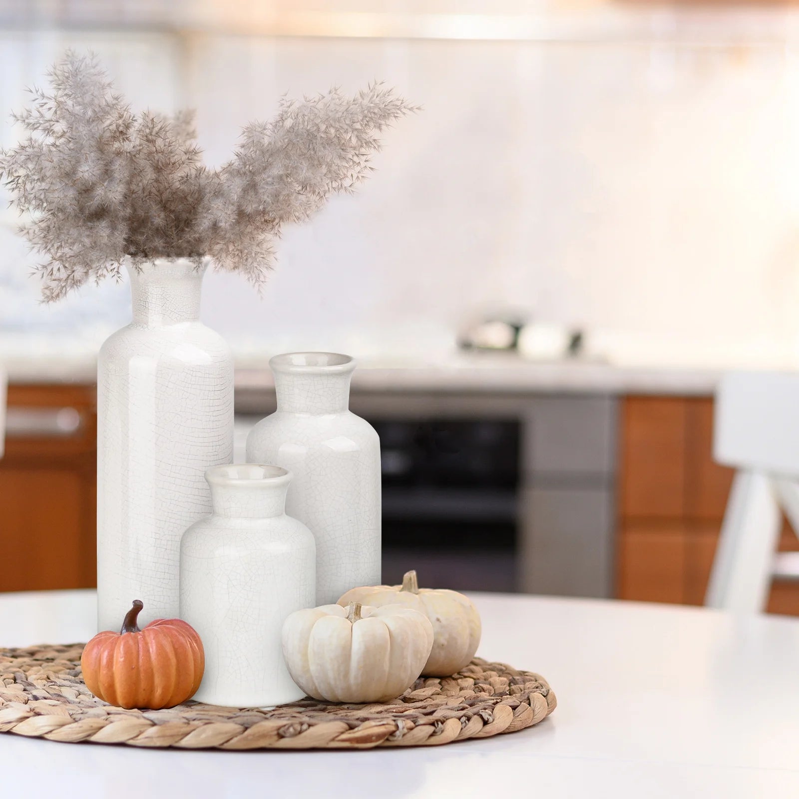 Ceramic Vase for Home Decoration, Set of 3 Large Small Flowers Vase for Floor, Modern Floor Vase for Living Room Decorations, Ideas Table Bookshelf Decor, Black Crack White