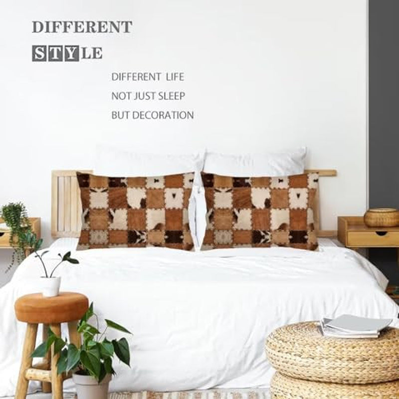 Cowhide Throw Pillow Cover Queen Size Set of 2 Patchwork Cow Print Brown