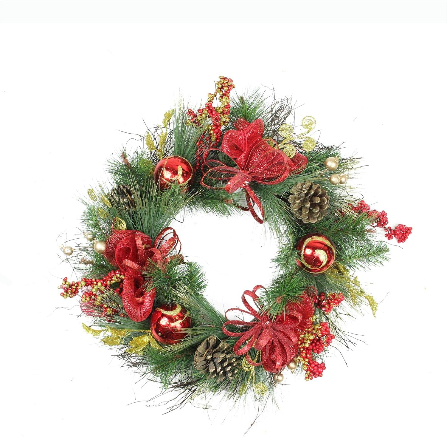 Ornament and Berry Gold Glittered Artificial Christmas Wreath-Unlit, 26", Red