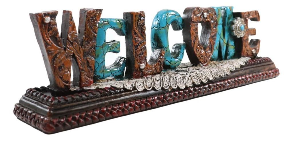 Rustic Western Tooled Leather Scrollwork Turquoise Rocks Welcome Desktop Plaque