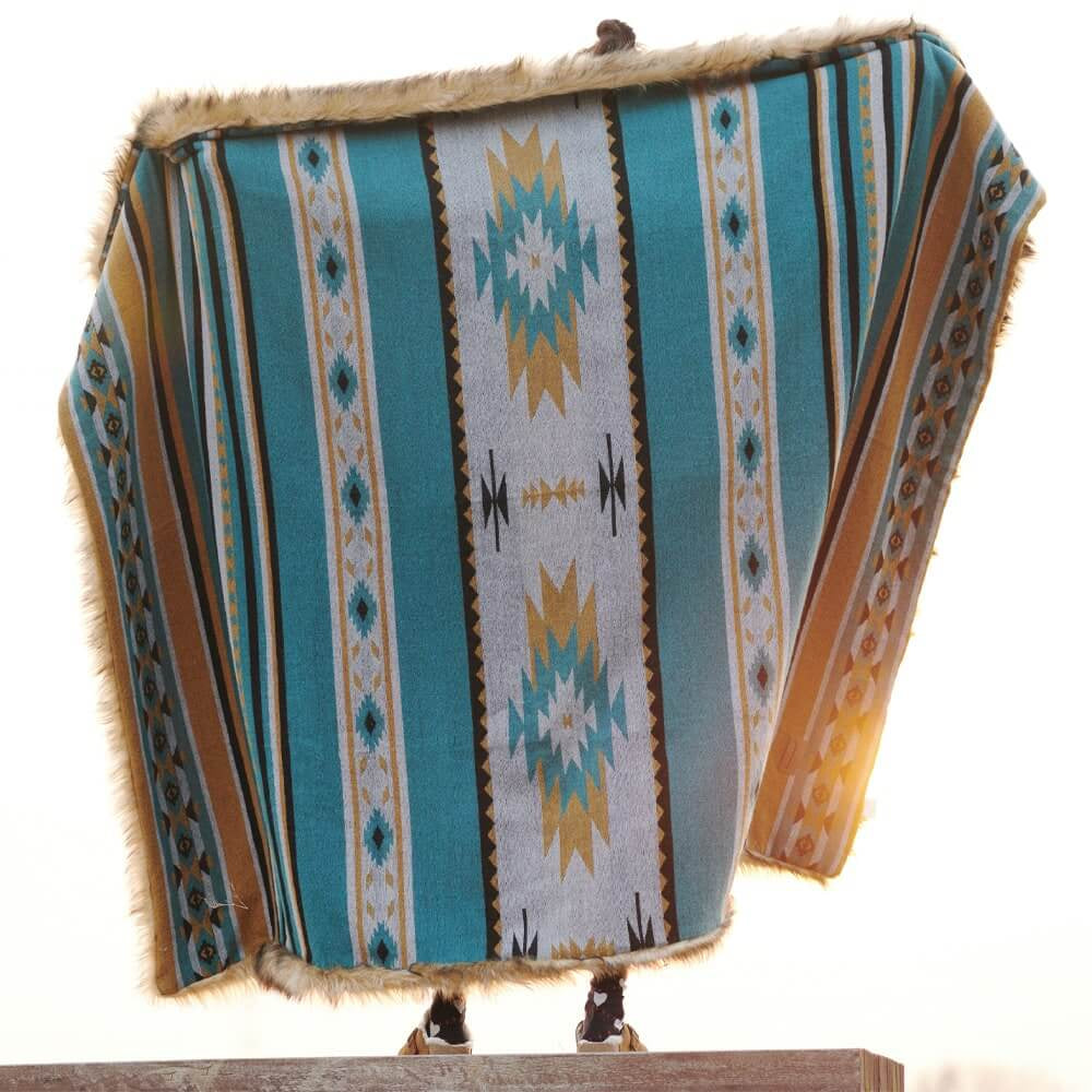 Aztec Faux Fur Blanket - Golden+Turquoise