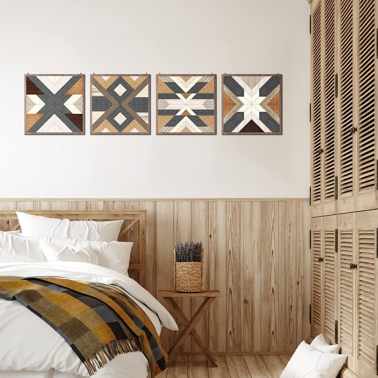 Qunclay 4 Pcs Wood Wall Art Wooden Aztec Wall Decor Boho Western Decor Diamon...