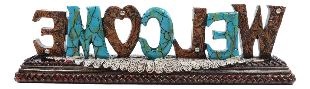 Rustic Western Tooled Leather Scrollwork Turquoise Rocks Welcome Desktop Plaque