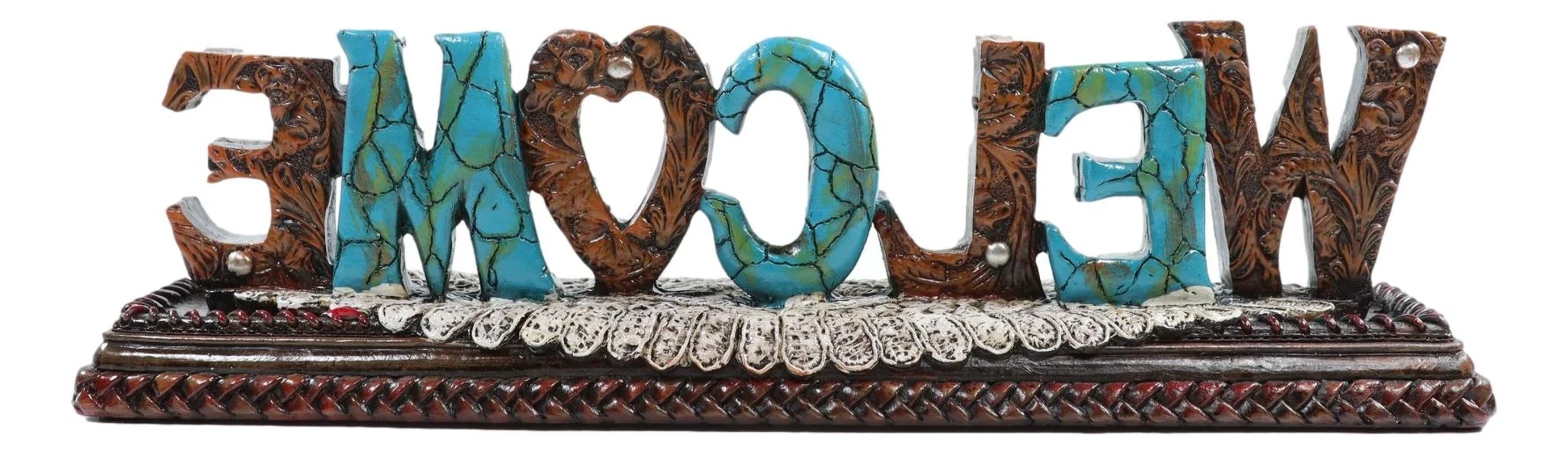 Rustic Western Tooled Leather Scrollwork Turquoise Rocks Welcome Desktop Plaque