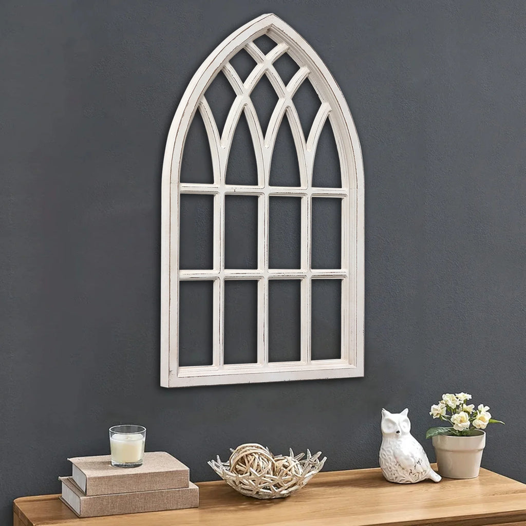 Farmhouse Arched Window Frame for Home 20" X 32", Rustic Hanging Distressed White Bedroom Window Pane Wall Decor Artwork, MDF ,